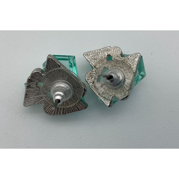 Sparkling Aqua Acrylic Stones Chunky Cluster Retro Silver Tone Stud Earrings - Picture 3 of 5